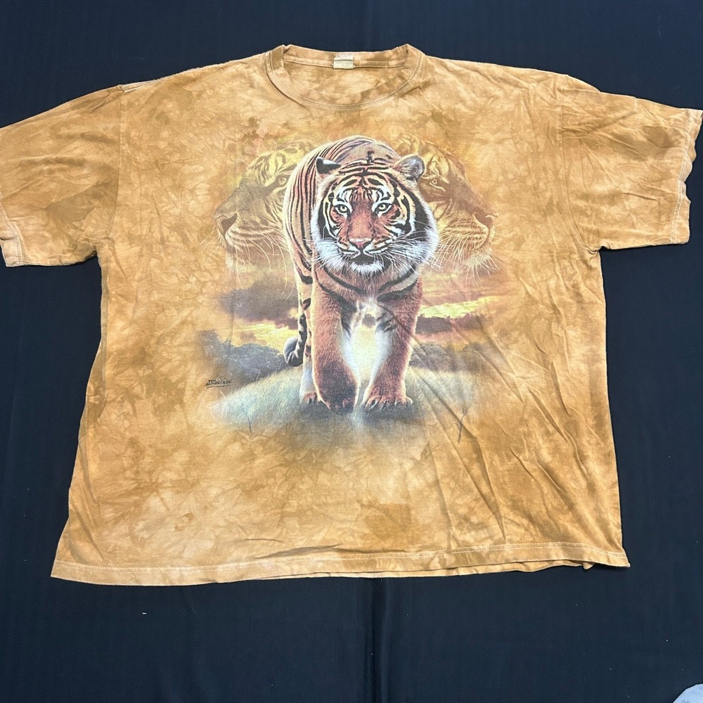 The Mountain Tiger Graphic T-Shirt Mens 2XL Tan Tie Dye 2009 Vincent Hie Vintage